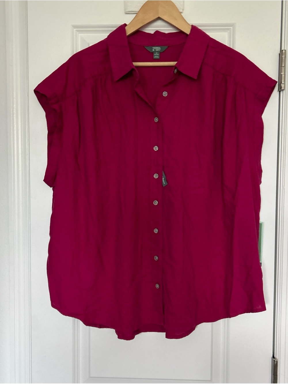 Terra & Sky Women's Plus Linen Blend Camp Shirt, Size 1x Pink/Dark Azalea